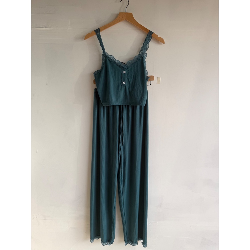Teal Ribbed Knit Pajama Set Lace Trim Crop Camisole and Wide Leg M Coquette